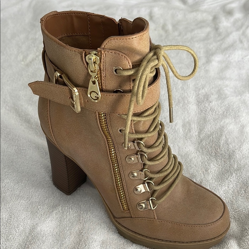 G by Guess Tan Heeled Boots with Chunky Heel and Lace-Up Design